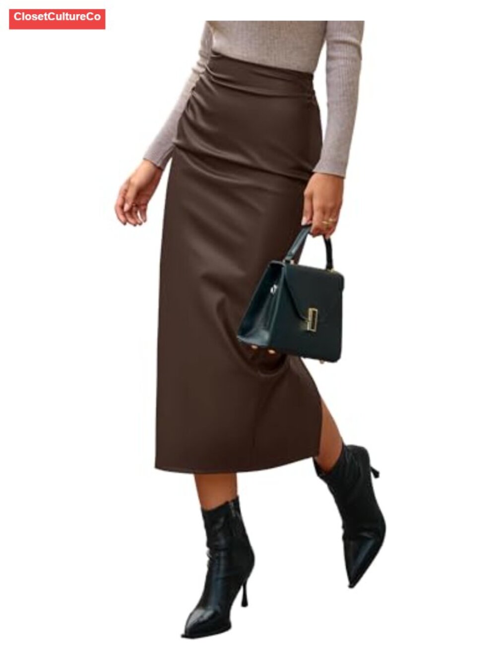 Faux Leather Midi Pencil Skirt High Waisted Back Slit Business Casual